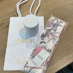 Dior Pink and White butterfly/floral print scarf twilly w/box and gift bag. GWP
